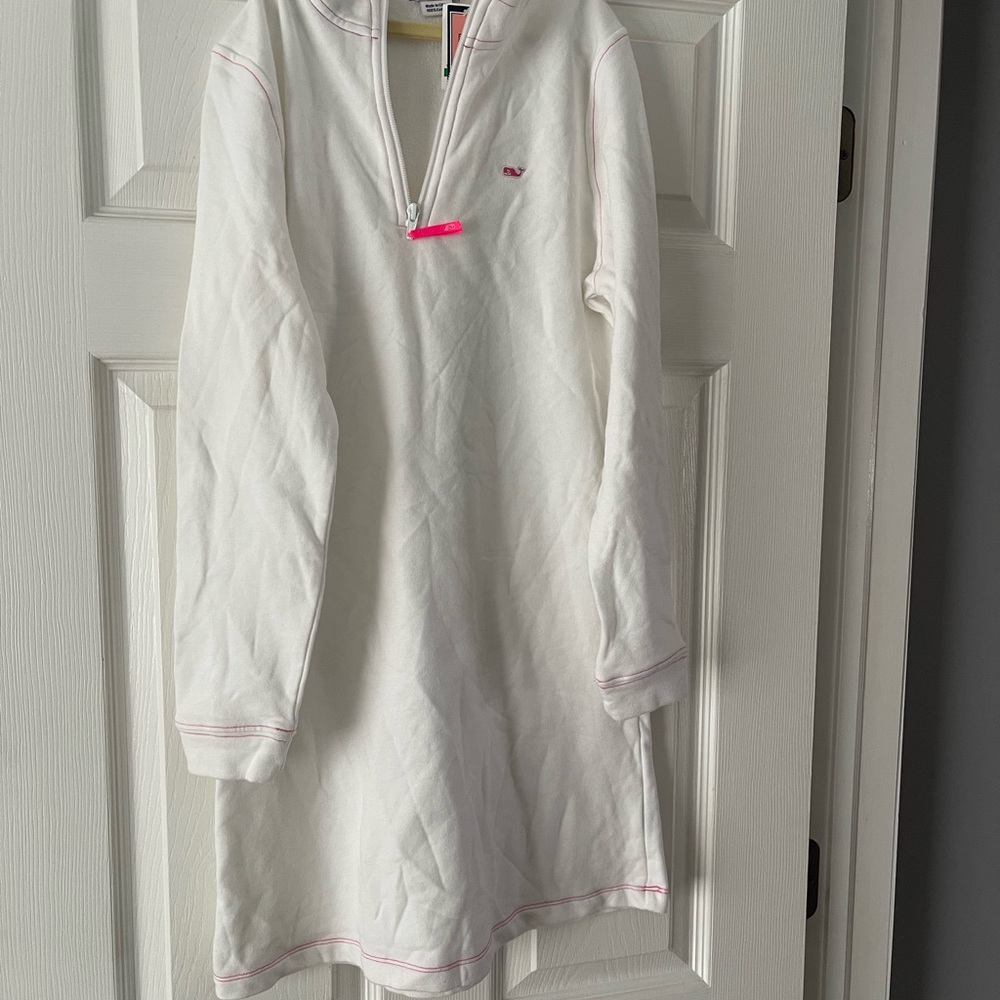 Vineyard Vines Girls' White Pullover 1/4 zip terry dress white with Pink Accents